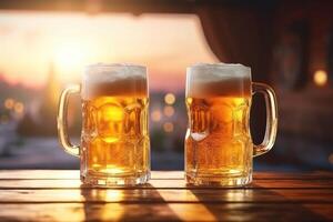 pint Aan een houten tafel in de gouden licht van een zomer zonsondergang met generatief ai foto