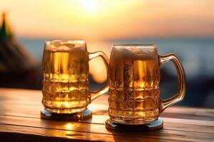 pint Aan een houten tafel in de gouden licht van een zomer zonsondergang met generatief ai foto