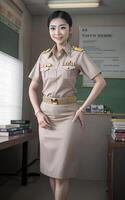 Aziatisch vrouw Thais leraar Bij school- in khaki pak uniform, generatief ai foto