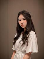 mooi tiener- Aziatisch vrouw posten voor afbeelding Bij de winkelcentrum, generatief kunst door ai foto