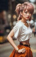 ondeugend jong Thais Aziatisch vrouw met trending mode stijl kleding , generatief ai foto