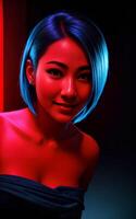 mooi Aziatisch vrouw met gemengd kleur blauw en rood licht, generatief ai foto
