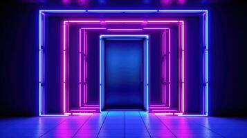 de voorkant deur van een kamer met fluorescerend balken van licht. futuristische meetkundig abstractie, neon lichten achtergrond. generatief ai foto
