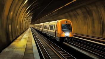 een trein te hard rijden door een tunnel met beweging. generatief ai foto