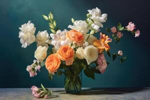 een boeket van bloemen Aan een tafel. schattig en zacht kleurrijk bloemen. generatief ai foto