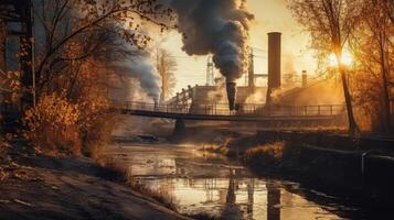 een industrieel plaats Bij zonsondergang met water en rook. foto dat trekt aandacht naar lucht vervuiling. generatief ai