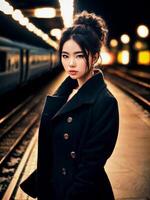 mooi Aziatisch vrouw Bij Hoi snelheid trein station, generatief ai foto