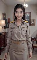 Aziatisch vrouw Thais leraar Bij school- in khaki pak uniform, generatief ai foto