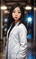 wetenschapper onderzoeker Aziatisch vrouw vervelend laboratorium jas Bij laboratorium, generatief ai foto