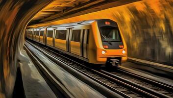 een trein te hard rijden door een tunnel met beweging. generatief ai foto