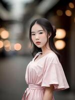 mooi tiener- Aziatisch vrouw posten voor afbeelding Bij de winkelcentrum, generatief kunst door ai foto