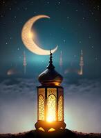 sier- Arabisch lantaarn met brandend kaars gloeiend Bij nacht. generatief ai. foto