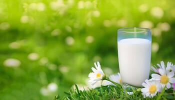 een glas van melk Aan groen gras. wereld melk dag concept. generatief ai. foto