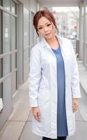 Aziatisch vrouw onderzoeker wetenschapper vervelend laboratorium jas, generatief ai foto