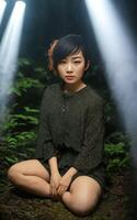 Aziatisch vrouw in donker eng diep Woud , generatief ai foto