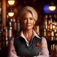 portret foto van midden- oud barman Amerikaans Dames Bij western bar, generatief kunst door ai