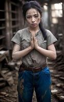 arm Aziatisch vrouw sawasdee verhoogt handen samen in een gebed houding , generatief ai foto
