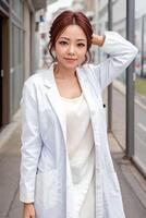 Aziatisch vrouw onderzoeker wetenschapper vervelend laboratorium jas, generatief ai foto