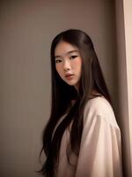 mooi tiener- Aziatisch vrouw Bij huis appartement, generatief kunst door ai foto