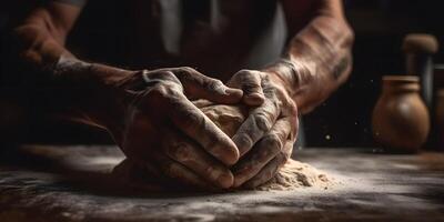 kneden pizza deeg, dichtbij omhoog hand- maken deeg Italiaans pizza. behang, ai gegenereerd foto