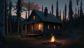 laat nacht vreugdevuur in voorkant van een hut in een Woud. ai gegenereerd foto