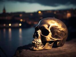 menselijk schedel in de buurt rivier- voor gelukkig halloween glimlachen schedel bloemen ontwerp Aan schedel foto