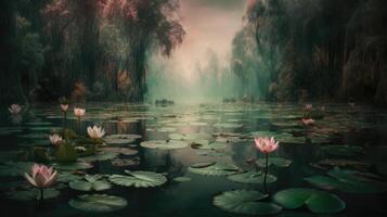 mooi mistig meer met roze lotus bloemen in de Woud foto