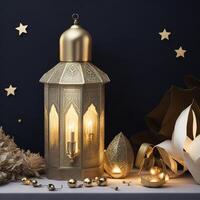 eid al-adha Koninklijk Marokkaans lamp gouden 3d achtergrond foto ai gegenereerd