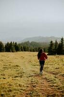 jong vrouw wandelen met rugzak over- groen heuvels foto