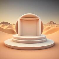 podium Aan zand 3d Arabisch achtergrond Scherm met zonnescherm achtergrond foto ai gegenereerd