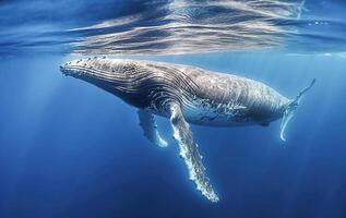 ai generatief. walvis Toneelstukken in blauw water foto
