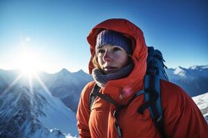 een bergbeklimmer meisje in een capuchon met een rugzak in winter in de bergen vervelend ski stofbril. generatief ai foto