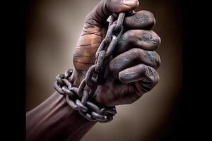 een zwart man's hand- verpakt in een ketting. slavernij. generatief ai foto