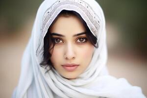 portret van een jong, mooi Pakistaans meisje, een moslim meisje in een hijaab. generatief ai foto