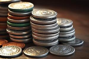 stack van zilver en bronzen munten Aan houten bureau, concept van bedrijf economie en financieel groei door investering. generatief ai. foto