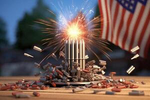 patroon stack met exploderend vuurwerk, golvend Amerikaans vlag in achtergrond. 4e van juli onafhankelijkheid dag viering concept. generatief ai. foto