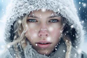 portret, blonde haren meisje met blauw ogen in een met een kap winter met sneeuw. generatief ai foto