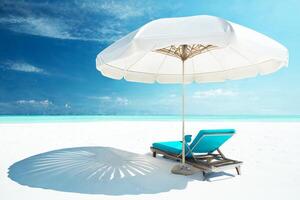 een wit zon paraplu en zon ligstoelen Aan de wit zand van de strand. generatief ai foto