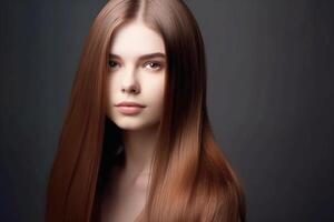 portret mooi brunette meisje met lang bruin haar, studio licht. generatief ai foto