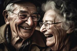 een gelukkig ouderen stel, lachend en genieten van zich samen. generatief ai foto
