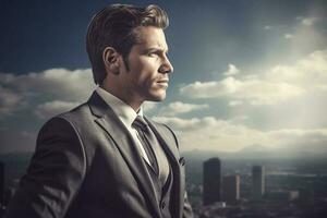 een zakenman in een kantoor pak looks uit over- een stad van wolkenkrabbers van zijn kantoor. foto