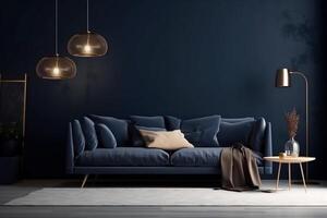 interieur van de leven kamer met een groot sofa in bruin en blauw tonen. generatief ai foto