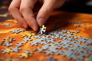 een man's hand- assembleert een puzzel Aan een tafel. generatief ai foto