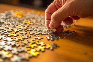 een man's hand- assembleert een puzzel Aan een tafel. generatief ai foto