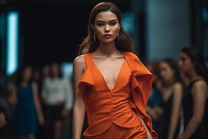 meisje model- in een rood lang avond japon tonen Aan de catwalk. haute couture. generatief ai foto