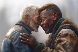 twee gelukkig ouder mannen knuffelen elk ander, een zwart, de andere Kaukasisch, homo, lgbt. generatief ai foto