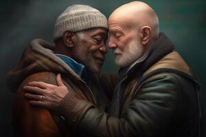 twee gelukkig ouder mannen knuffelen elk ander, een zwart, de andere Kaukasisch, homo, lgbt. generatief ai foto