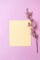 geel blanco papier kleverig, kaart mockup en bloemen Afdeling Aan roze achtergrond, generatief ai. foto