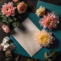 blanco papier kaart, envelop mockup en chrysant bloemen Aan donker tafel top. generatief ai. foto