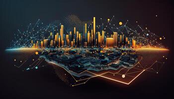 futuristische stad verbonden door onzichtbaar internet koppelingen. panorama antenne visie van slim stad, connectiviteit concept. generatief ai. foto